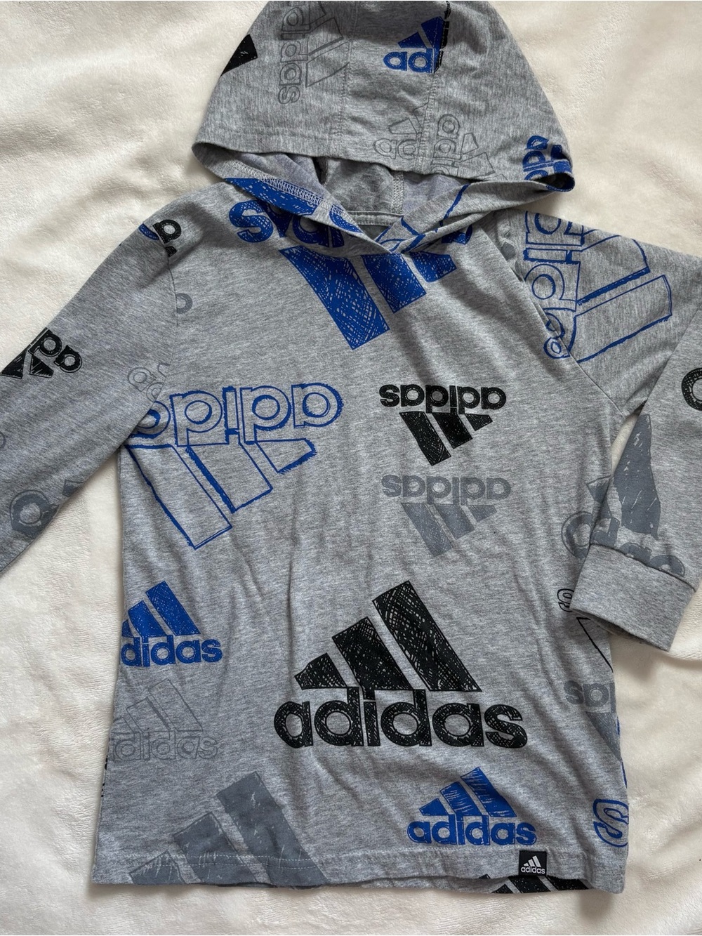 adidas Kids Gray Hoodie Top with Blue & Black Logos